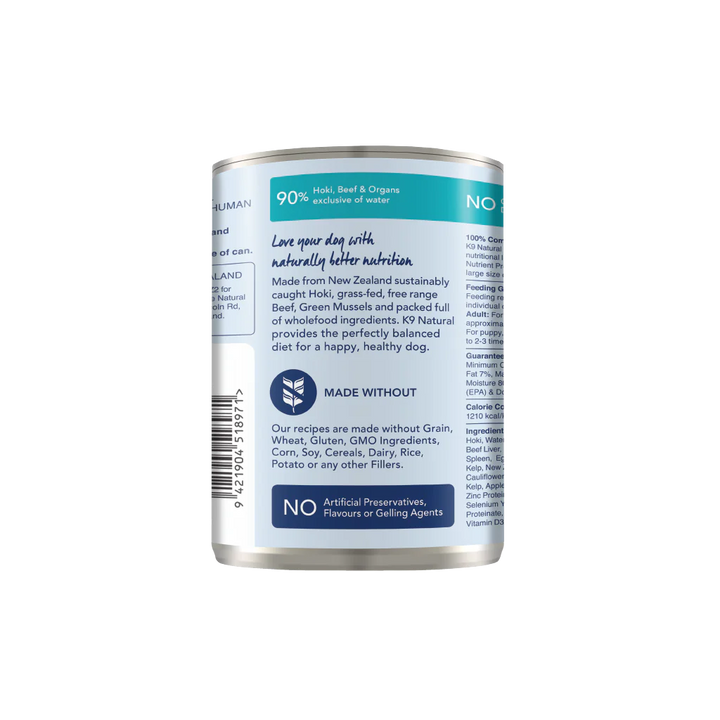 K9 Natural Grain Free Hoki & Beef Canned Wet Food for Dogs 13oz