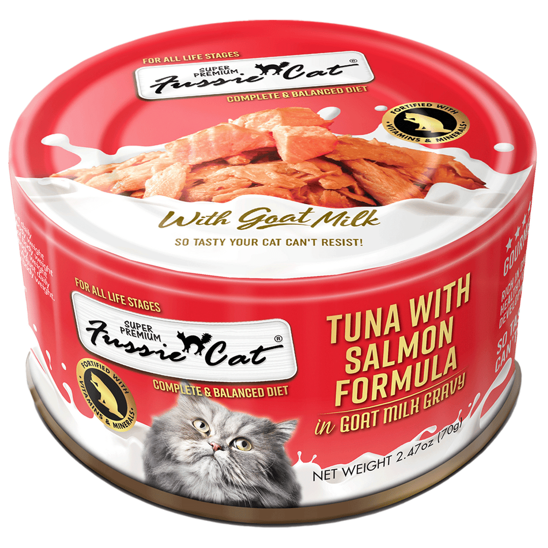 Fussie Cat Tuna Salmon in Goat Milk Gravy Canned Wet Cat Food 2.47oz
