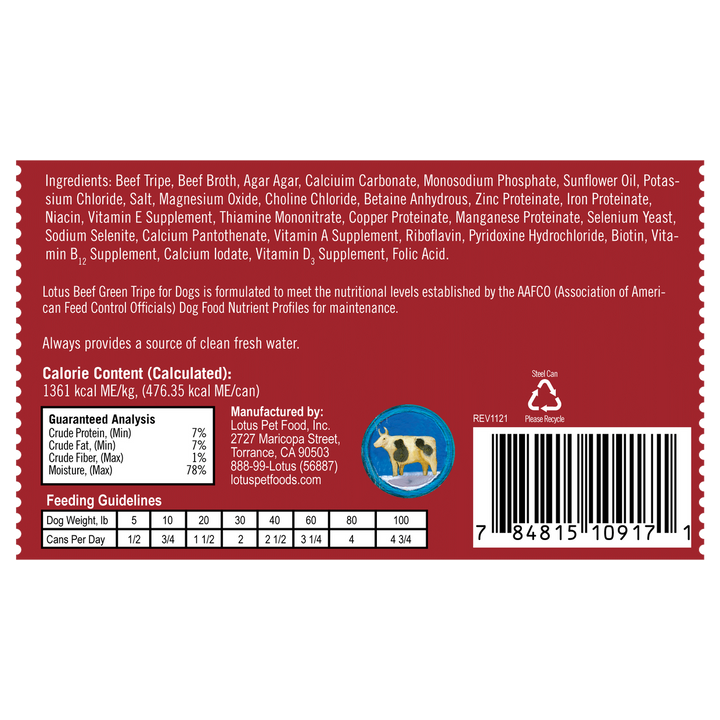 Lotus Dog Grain Free Beef and Green Tripe Recipe Canned Wet Dog Food 12.5oz