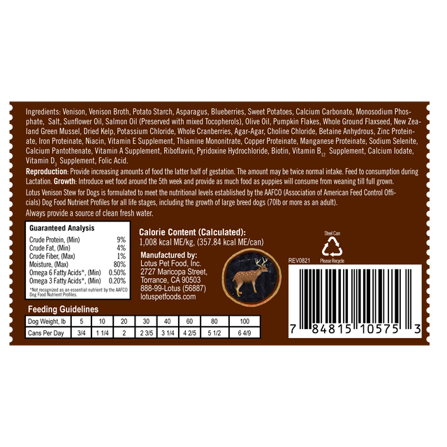 Lotus Dog Grain Free Venison Stew Recipe Canned Wet Dog Food 12.5oz