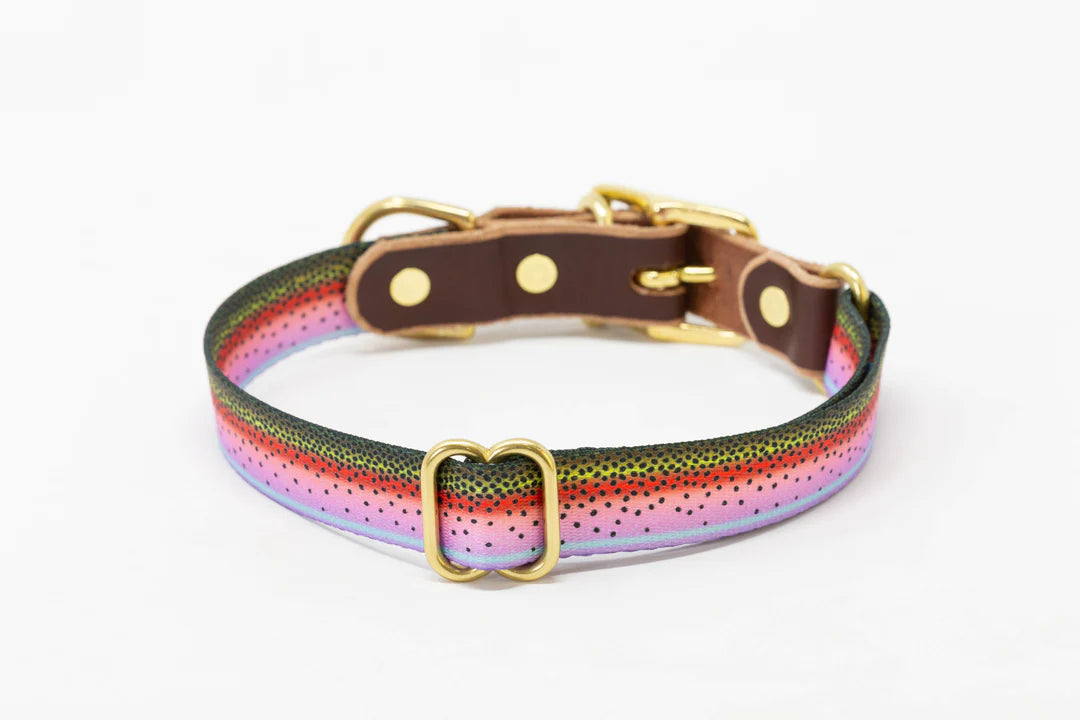 Leather & Rainbow Trout Print Adjustable Collar (S-M)