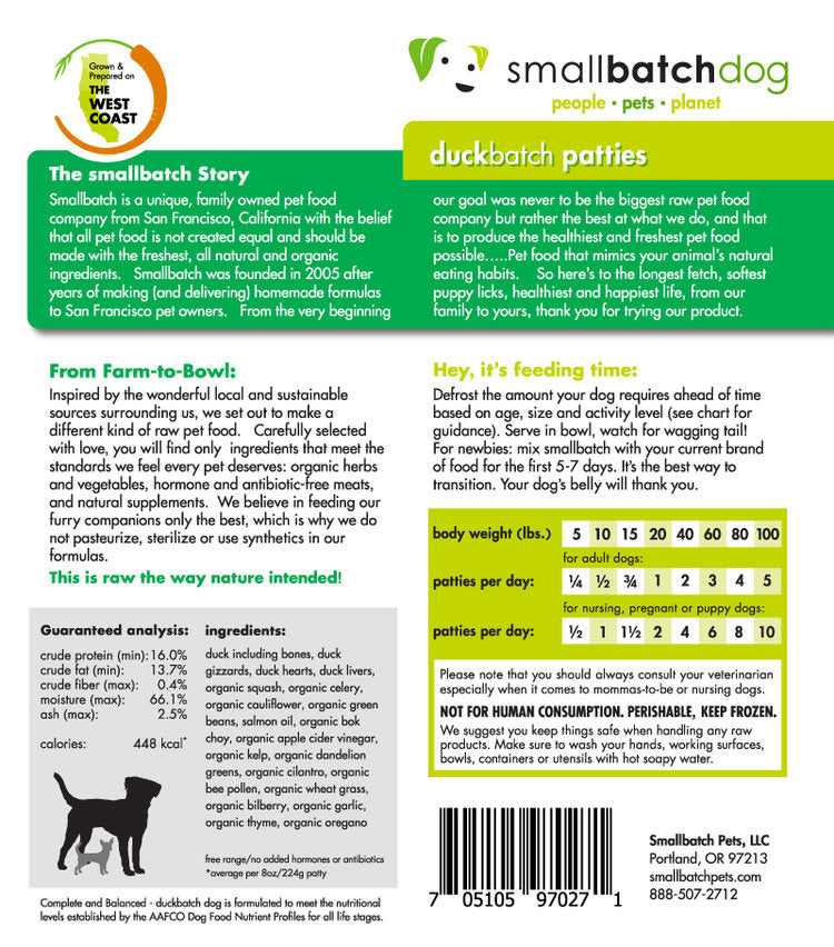 Smallbatch Frozen Duck Patties 6lb for Dogs