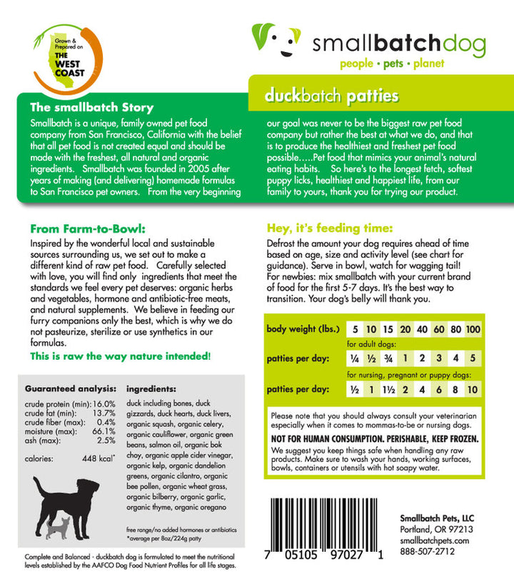 Smallbatch Frozen Duck Patties 6lb for Dogs