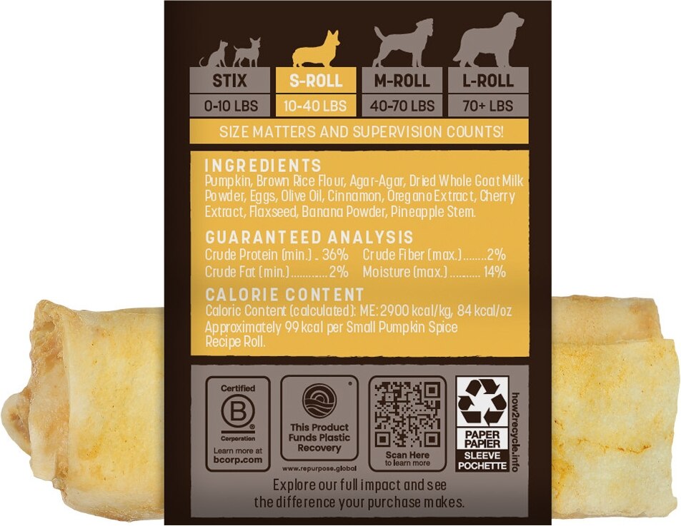Earth Animal No-Hide Dog Chew Rolls Pumpkin Spice Recipe Small 4"