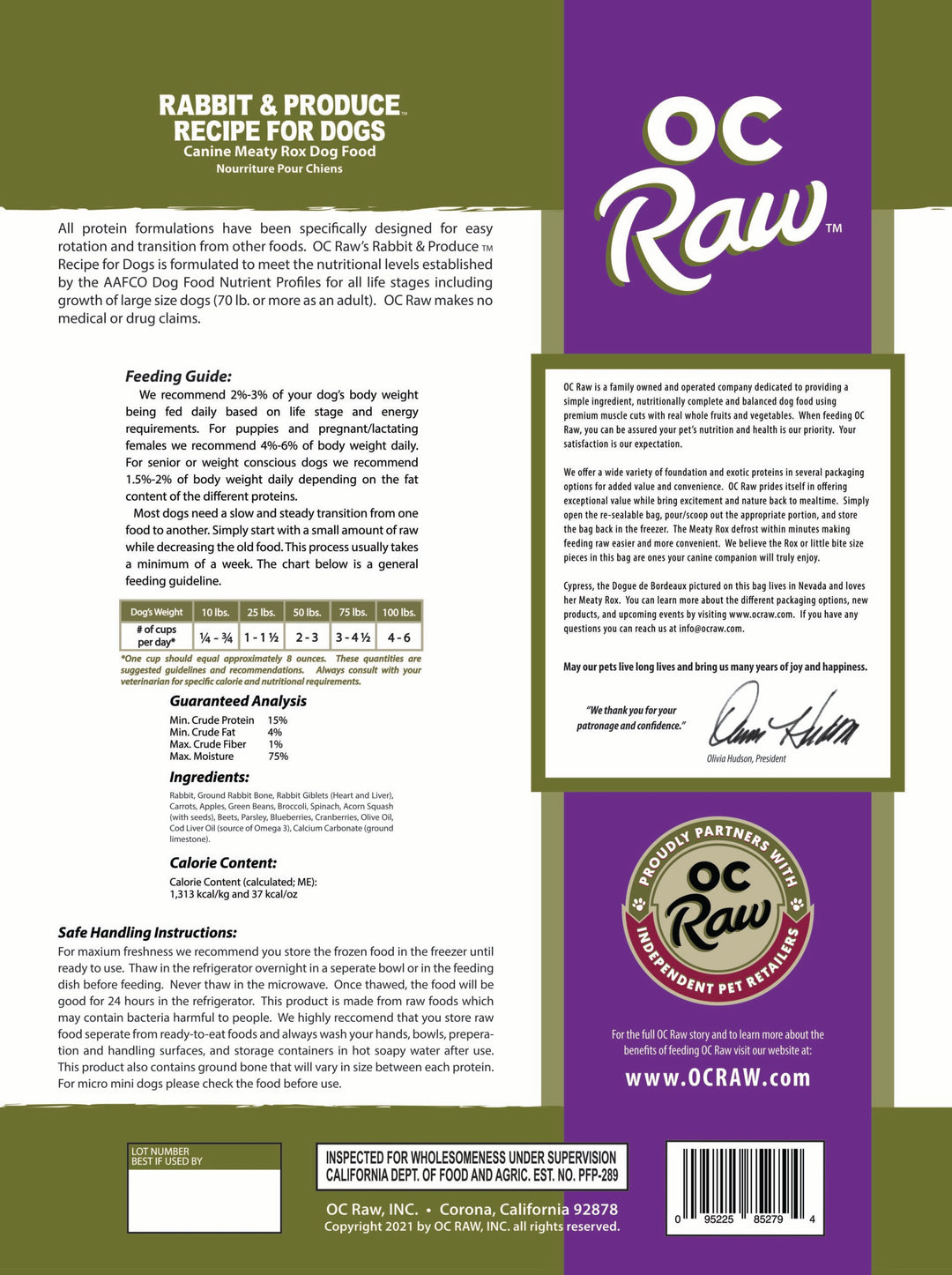 OC Raw Rabbit & Produce Dog Food Bulk Box 18lb