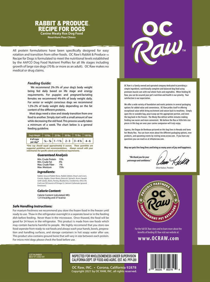 OC Raw Rabbit & Produce Dog Food Bulk Box 18lb