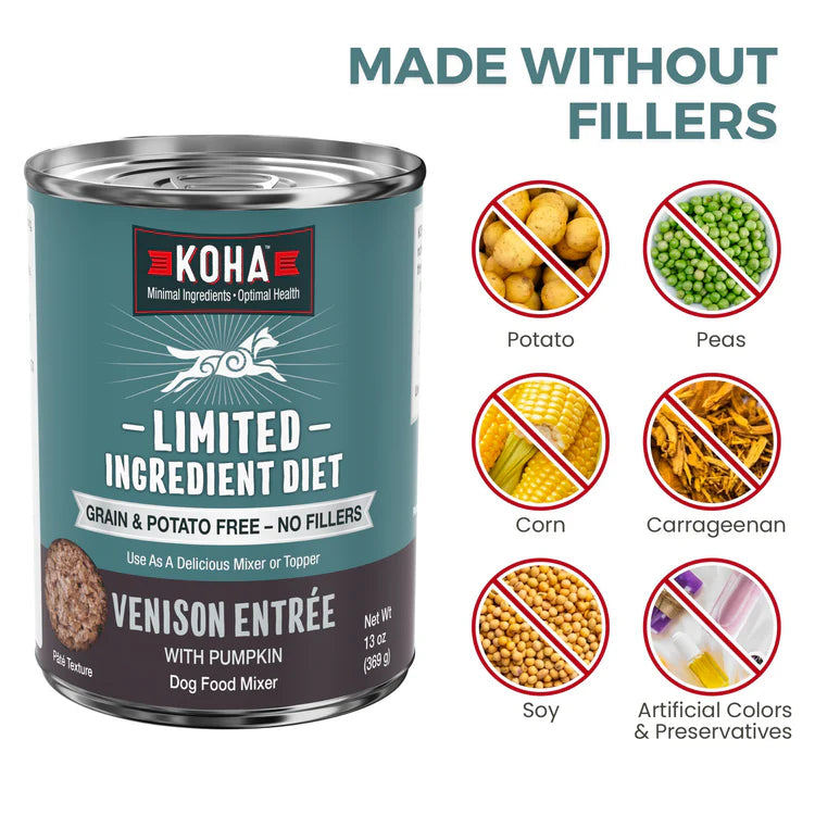 Koha Limited Ingredient Grain Free Venison Canned Wet Dog Food 13oz cans Case of 12