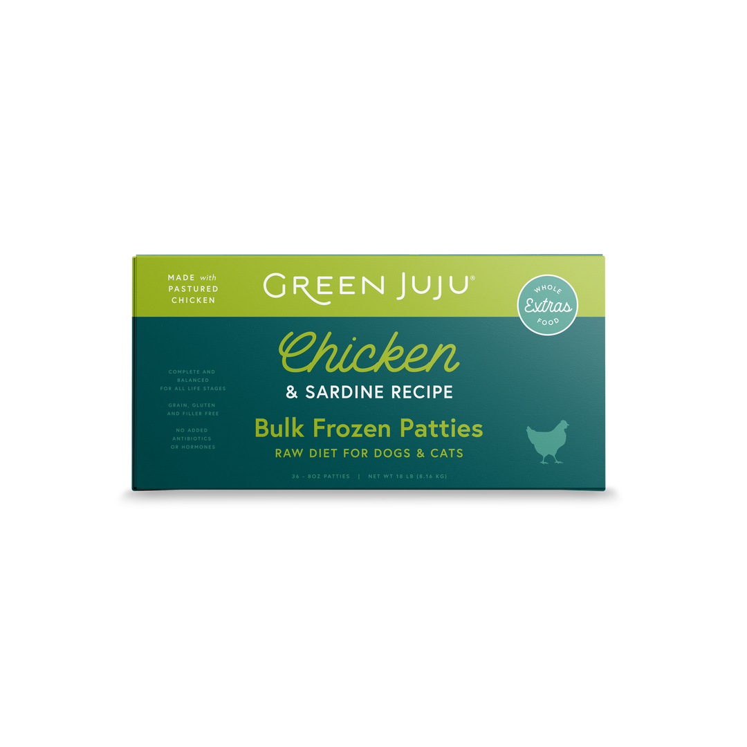 Green Juju Extras Chicken & Sardine Recipe Raw Food for Dogs and Cats Frozen Patties 18lb