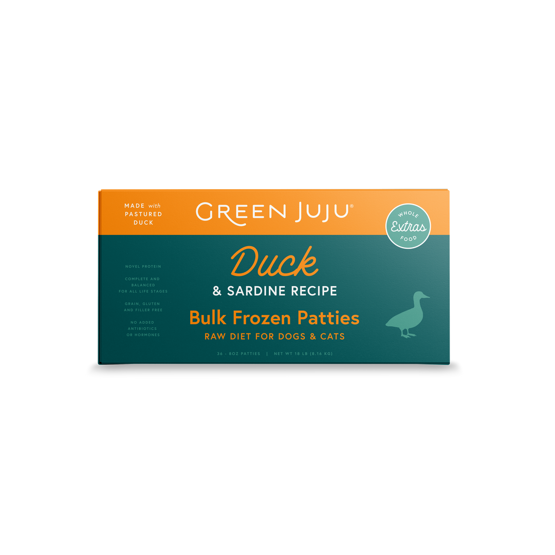 Green Juju Extras Duck & Sardine Recipe Raw Food for Dogs and Cats Frozen Patties 18lb