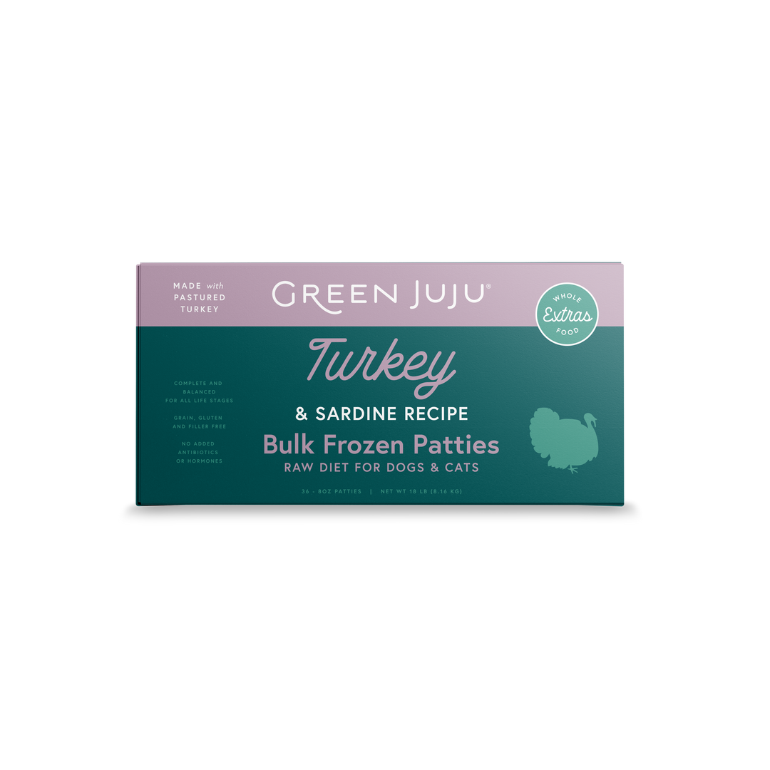 Green Juju Extras Turkey & Sardine Recipe Raw Food for Dogs and Cats Frozen Patties 18lb