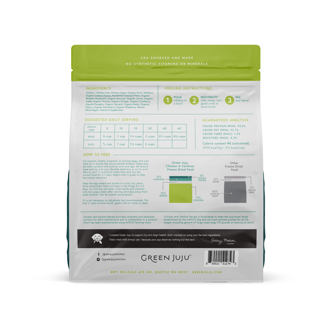Green Juju Extras Chicken & Sardine Complete & Balanced Freeze Dried Food for Dogs and Cats 14oz