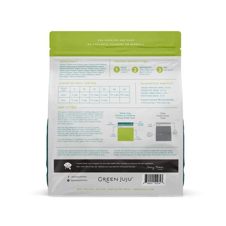 Green Juju Extras Chicken & Sardine Complete & Balanced Freeze Dried Food for Dogs and Cats 14oz