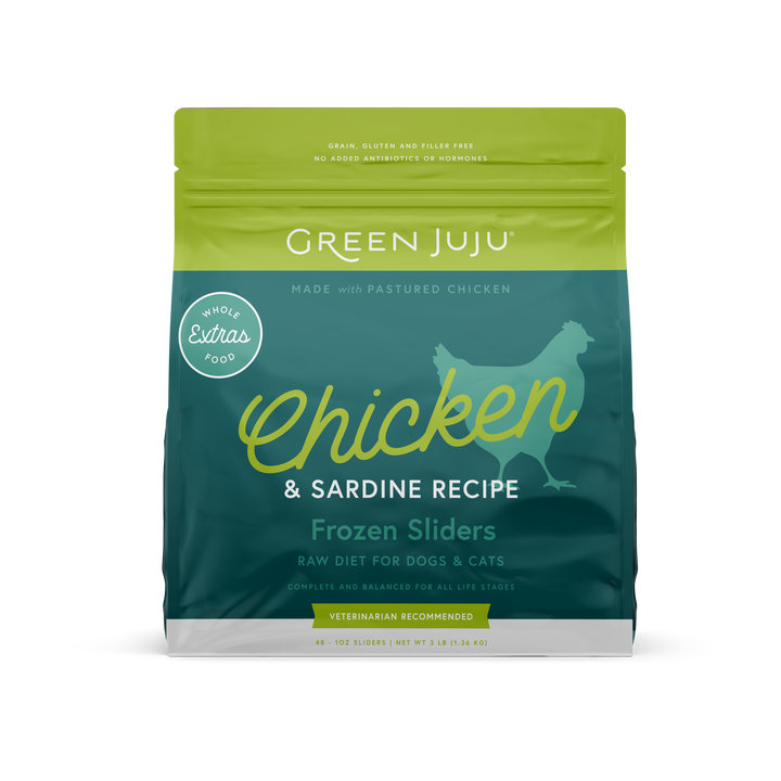 Green Juju Extras Chicken & Sardine Recipe Raw Food for Dogs and Cats Frozen Patties 6lb