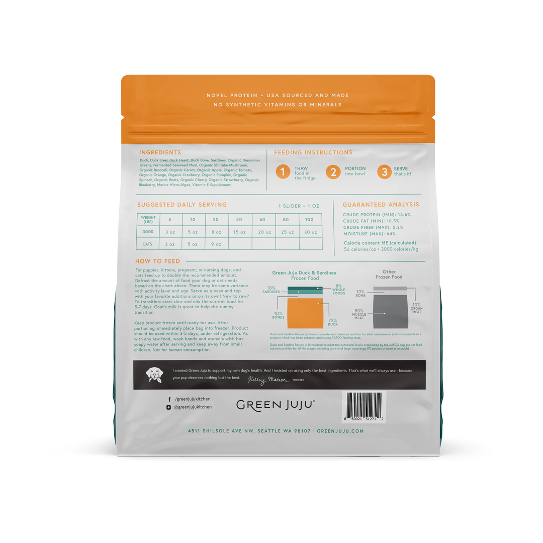 Green Juju Extras Duck & Sardine Recipe Raw Food for Dogs and Cats Frozen Sliders 6lb