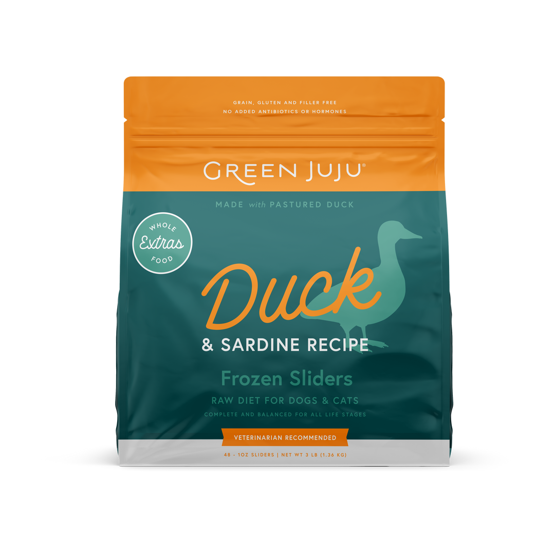 Green Juju Extras Duck & Sardine Recipe Raw Food for Dogs and Cats Frozen Sliders 6lb