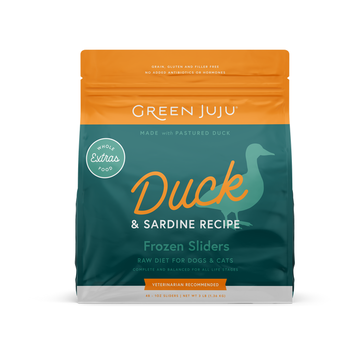 Green Juju Extras Duck & Sardine Recipe Raw Food for Dogs and Cats Frozen Sliders 6lb
