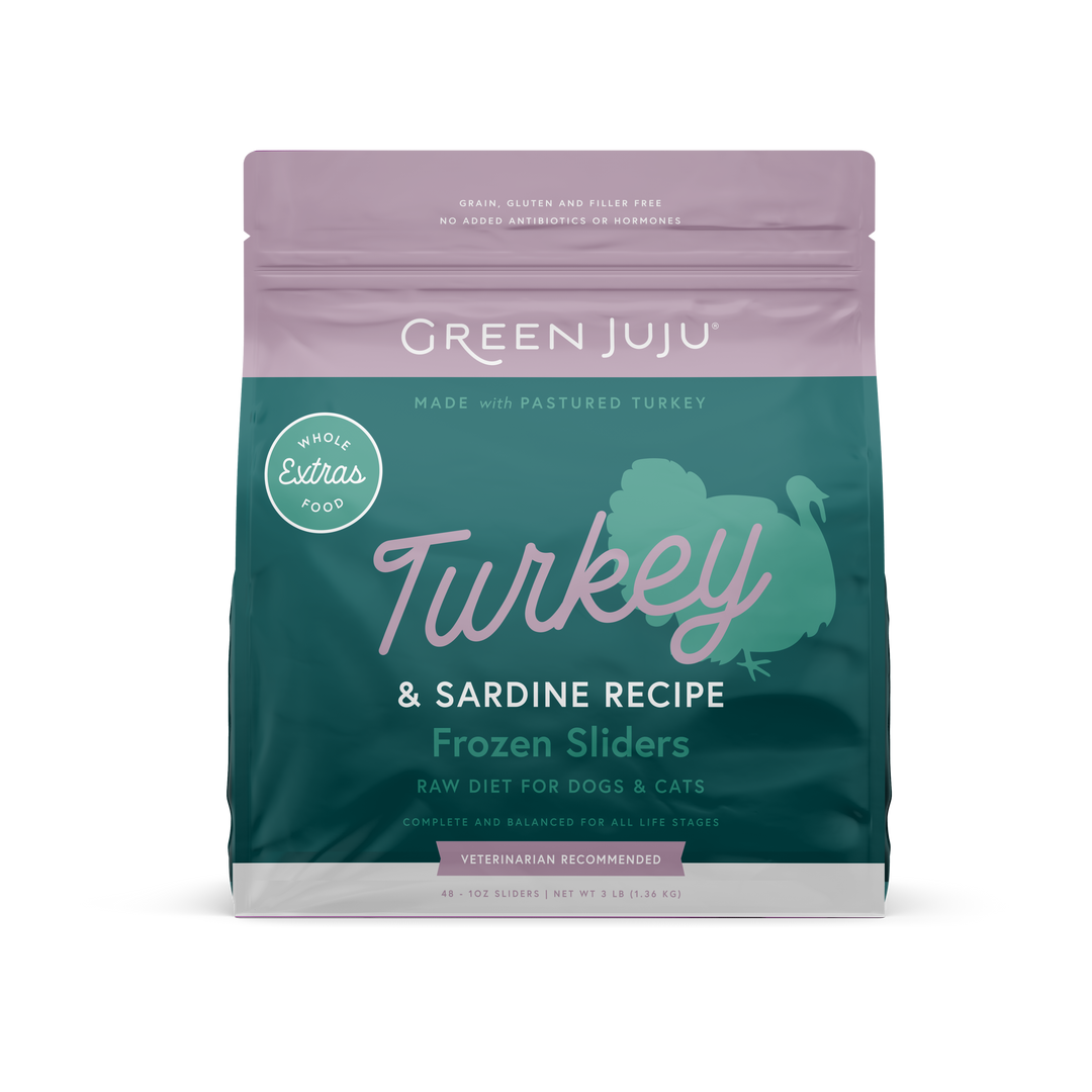 Green Juju Extras Turkey & Sardine Recipe Raw Food for Dogs and Cats Frozen Sliders 3lb