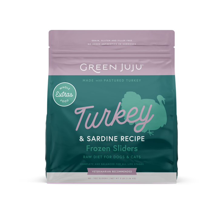 Green Juju Extras Turkey & Sardine Recipe Raw Food for Dogs and Cats Frozen Sliders 3lb