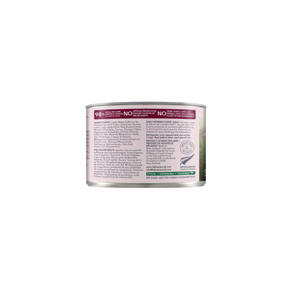 Feline Natural Grain Free Lamb & Venison Canned Wet Food for Cats 6oz