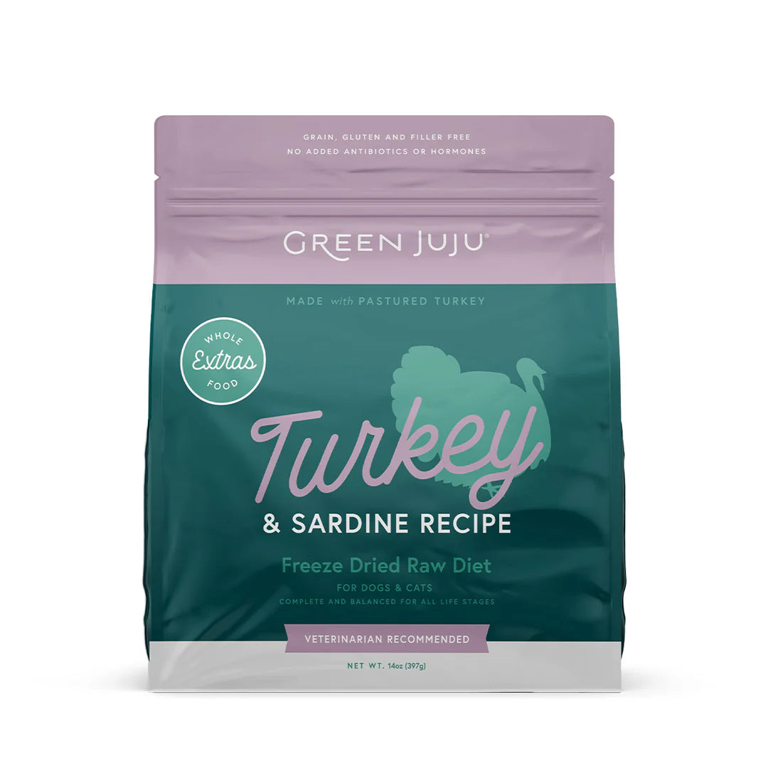 Green Juju Extras Turkey & Sardine Freeze Dried Raw Food for Dogs and Cats 14oz