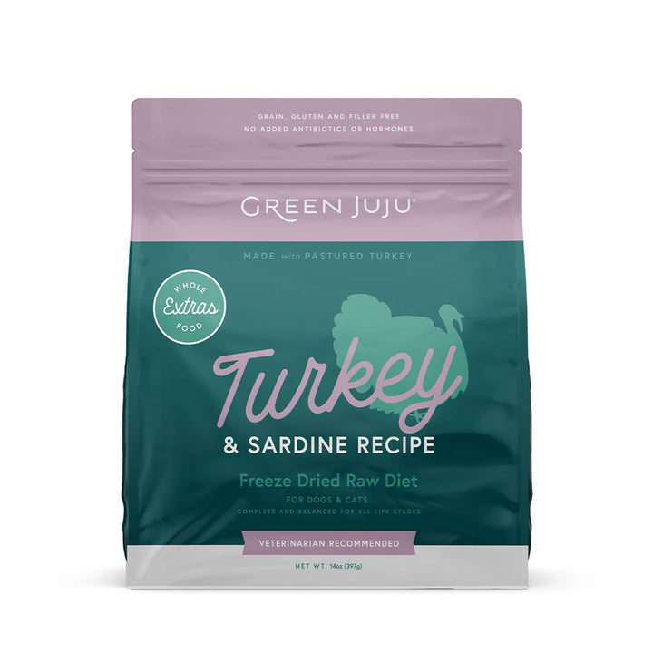 Green Juju Extras Turkey & Sardine Freeze Dried Raw Food for Dogs and Cats 14oz