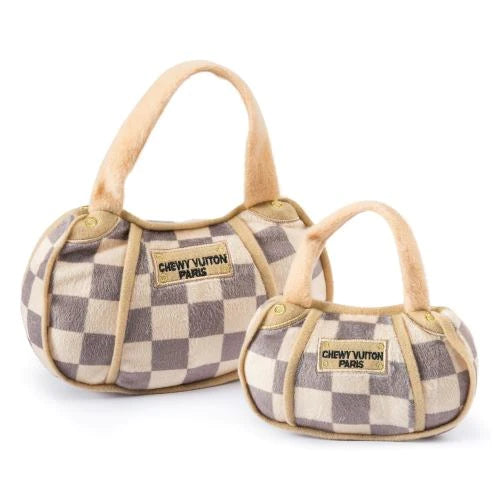 Checker Chewy Vuiton Purse Squeaker Dog Toy