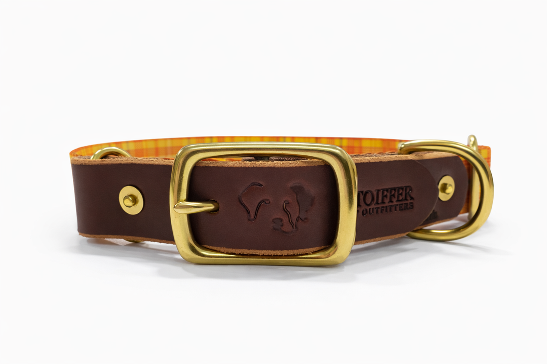 Leather & Orange Plaid Tartan Print Adjustable Collar (M-XL)
