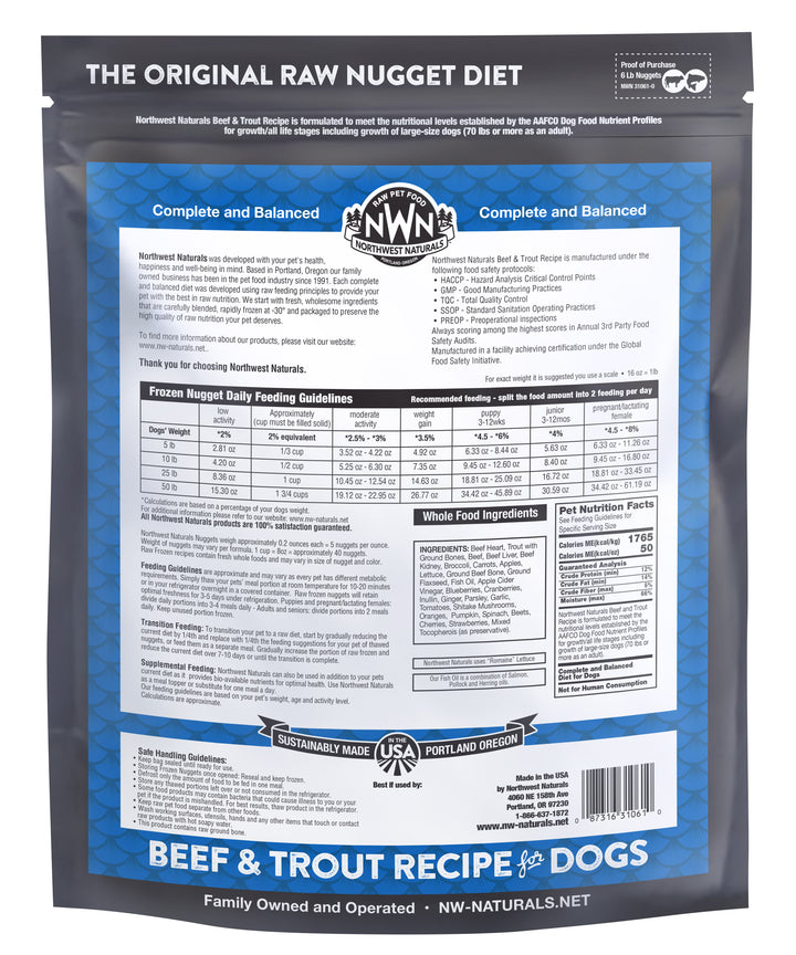Northwest Naturals Frozen Beef Trout Nuggets Food for Dogs 6lbs