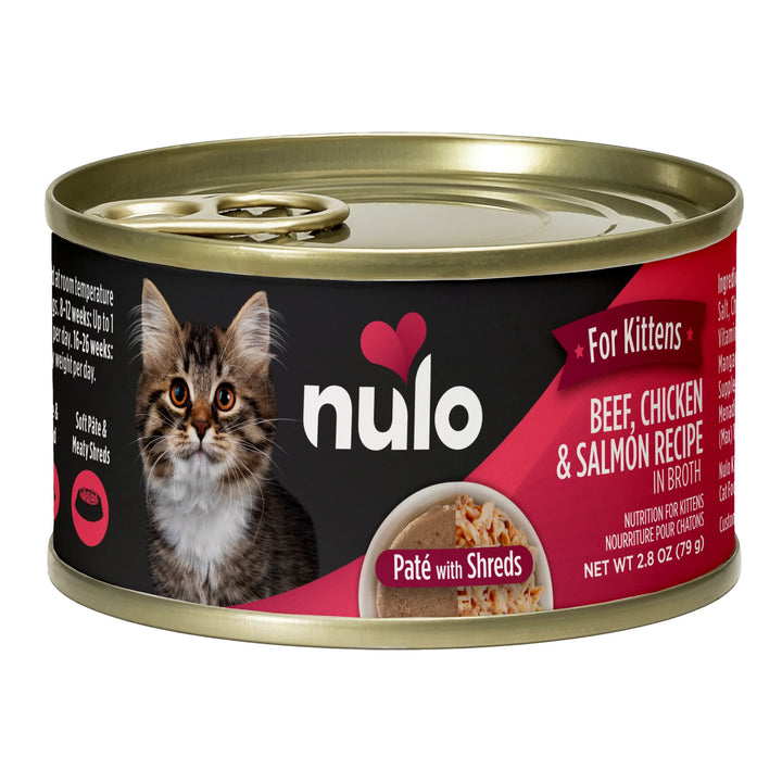 Nulo Kitten Beef, Chicken, & Salmon Recipe in Broth Paté With Shreds Canned Wet Cat Food 2.8oz - Single Can