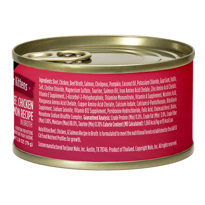 Nulo Kitten Beef, Chicken, & Salmon Recipe in Broth Paté With Shreds Canned Wet Cat Food 2.8oz - Single Can
