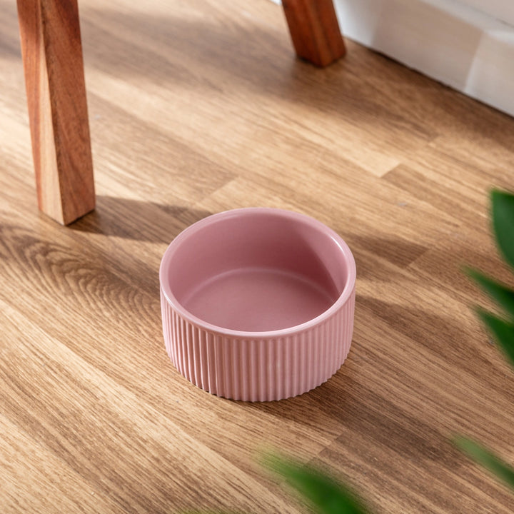 Park Life Designs Pink Jardin Ribbed Pet Bowl with Matte Exterior - Small