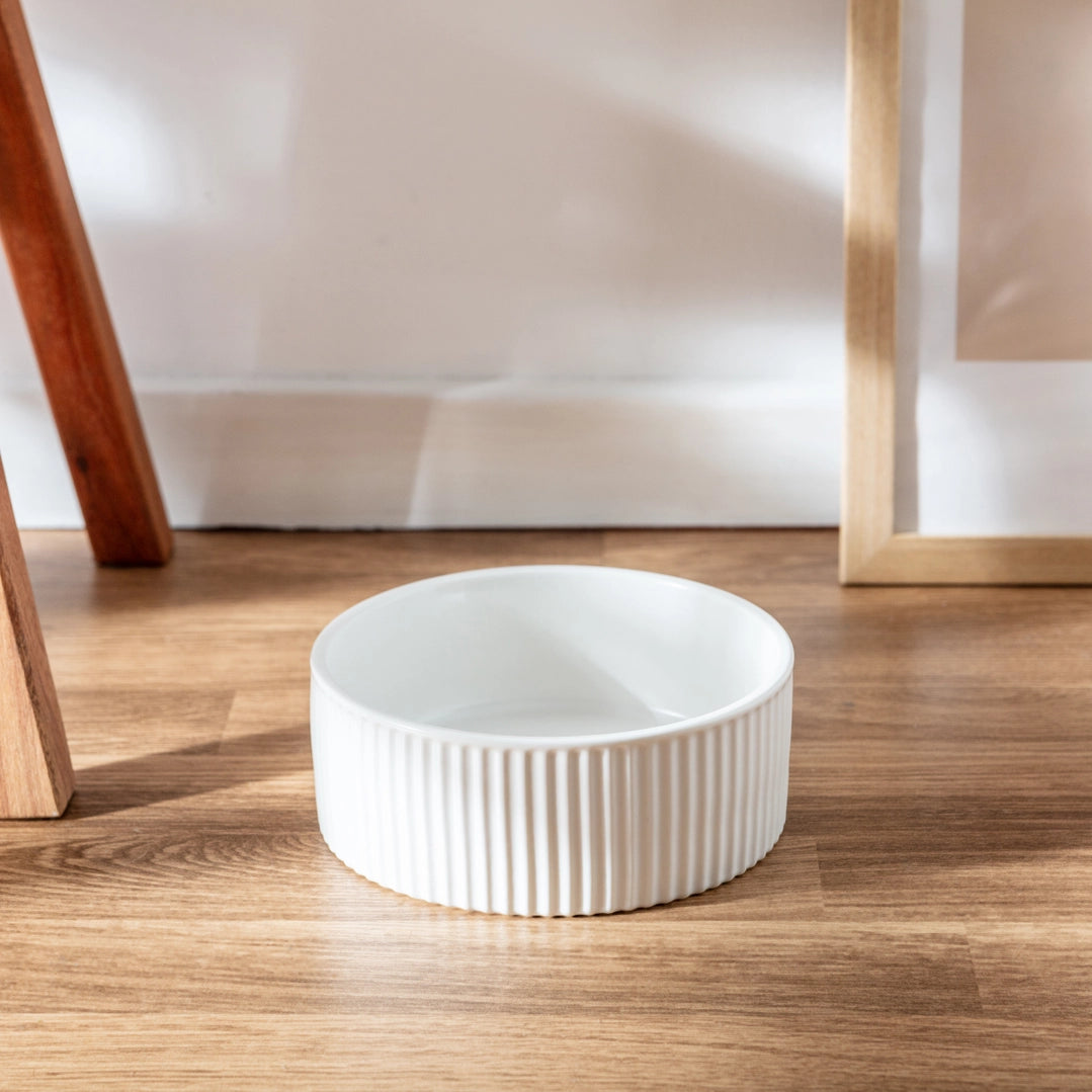 Park Life Designs White Jardin Ribbed Pet Bowl with Matte Exterior - Large