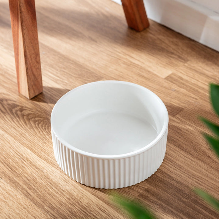 Park Life Designs White Jardin Ribbed Pet Bowl with Matte Exterior - Large