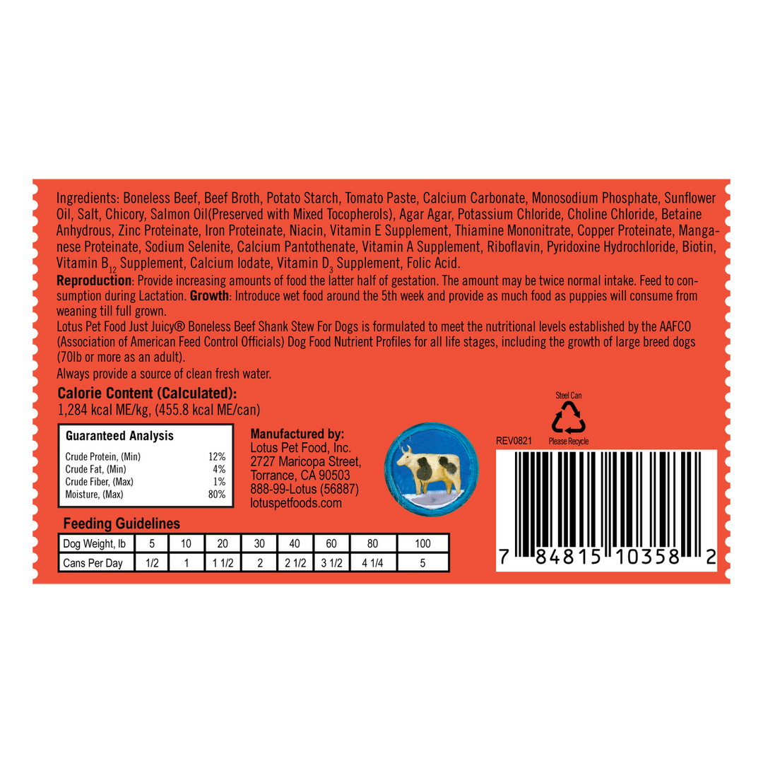 Lotus Dog Grain Free Just Juicy Beef Shank Stew Recipe Canned Wet Dog Food 12.5oz