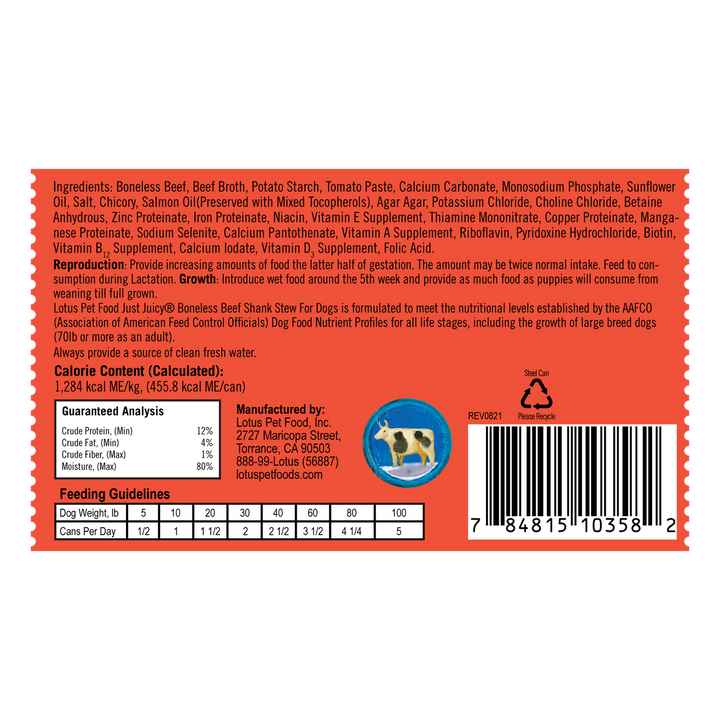 Lotus Dog Grain Free Just Juicy Beef Shank Stew Recipe Canned Wet Dog Food 12.5oz