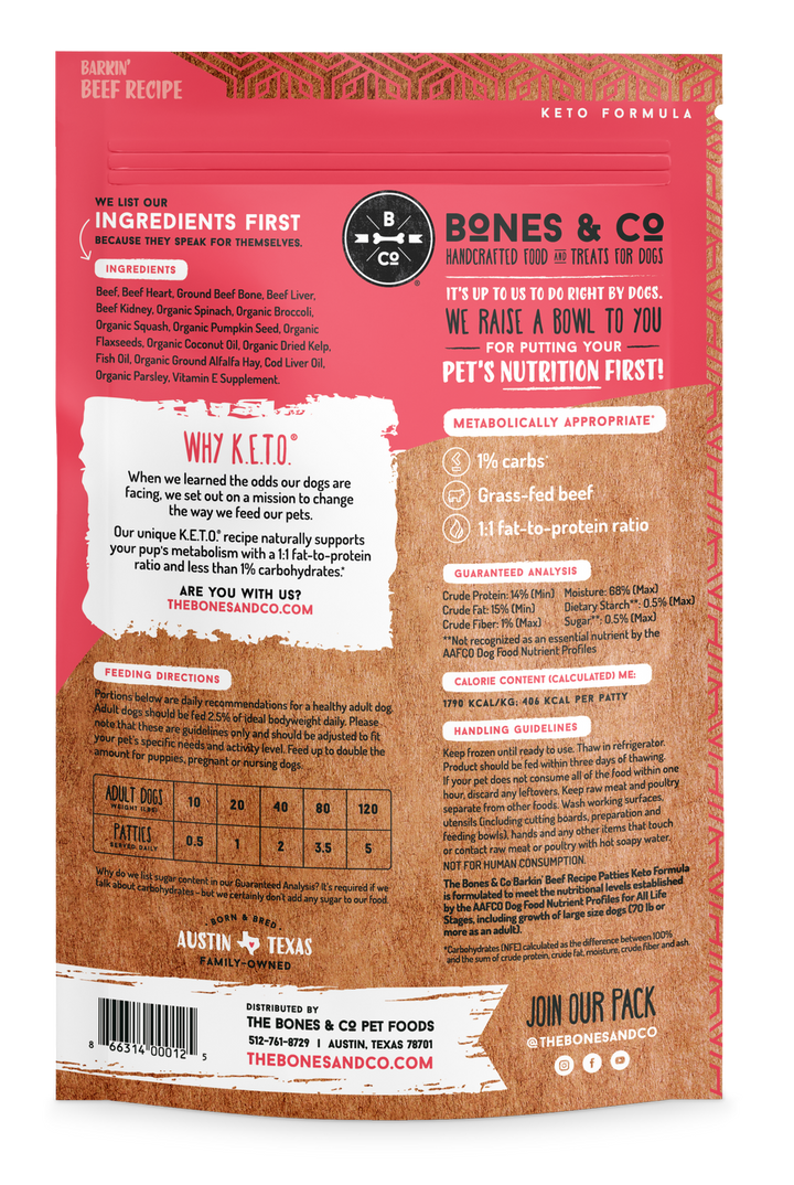 Bones & Co Frozen Raw Barkin' Beef Patties 6lb