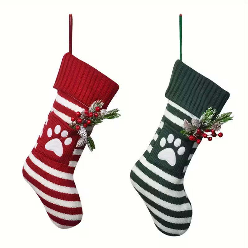 Paw Print Knit Christmas Holiday Pet Stocking