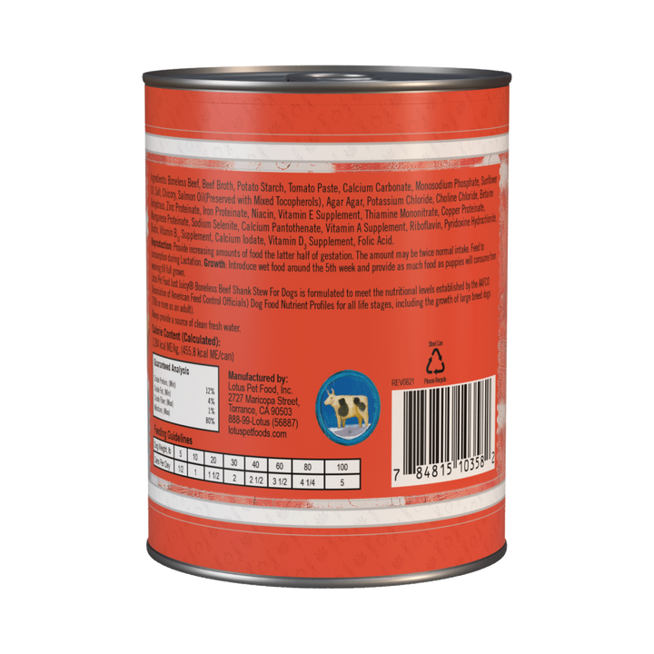 Lotus Dog Grain Free Just Juicy Beef Shank Stew Recipe Canned Wet Dog Food 12.5oz