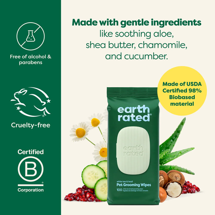 Earth Rated White Tea and Basil Compostable Dog Grooming Wipes 100 count