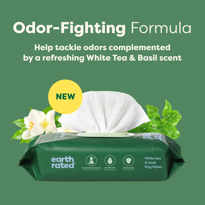 Earth Rated White Tea and Basil Compostable Dog Grooming Wipes 100 count