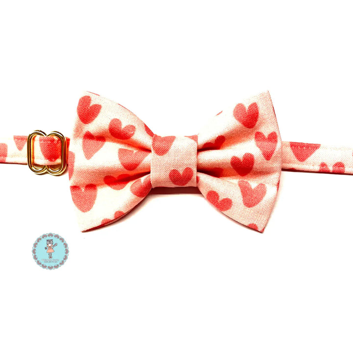 Cat Bow Tie and Collar Set - Valentines Hearts on Pink