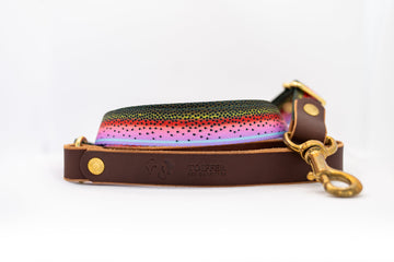 Handcrafted Leather & Rainbow Trout Print Adjustable Leash