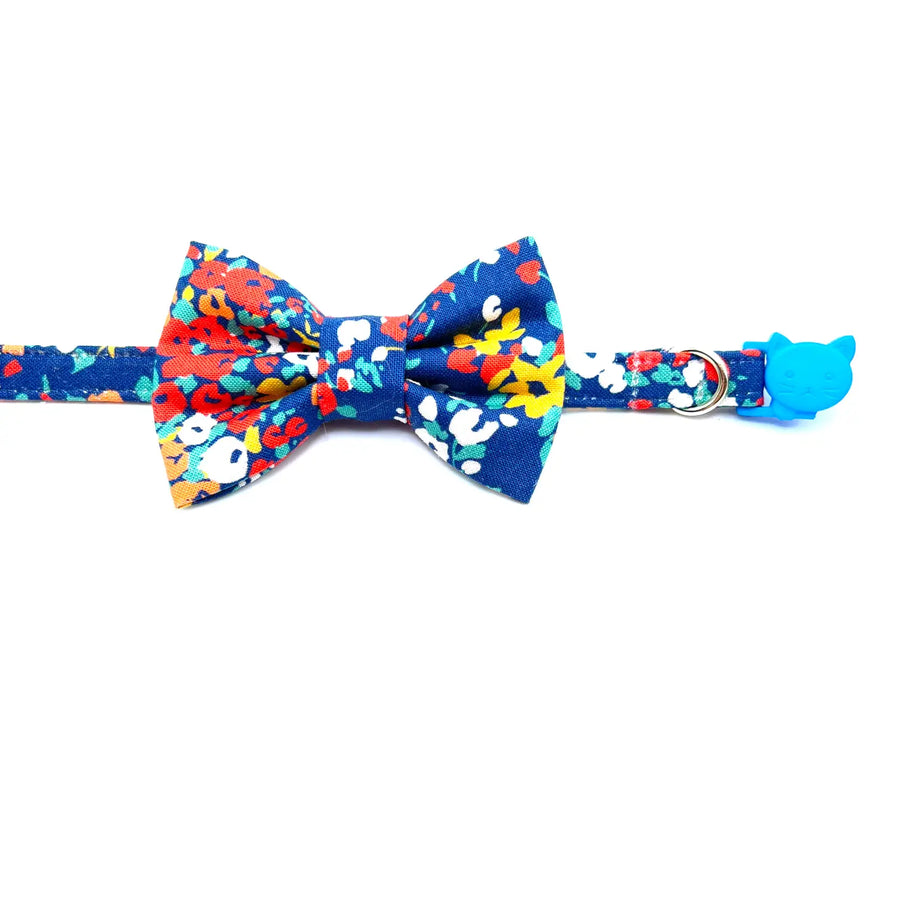 Cat Bow Tie and Collar Set - Floral on Blue